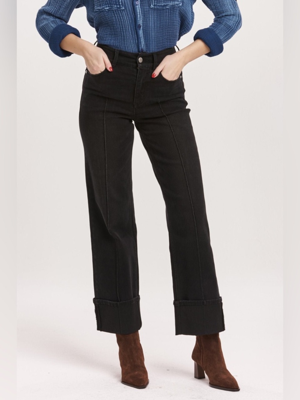 Dear John High Rise Wide Straight Leg Cuffed Pintuck Black Holly Jeans Size 28